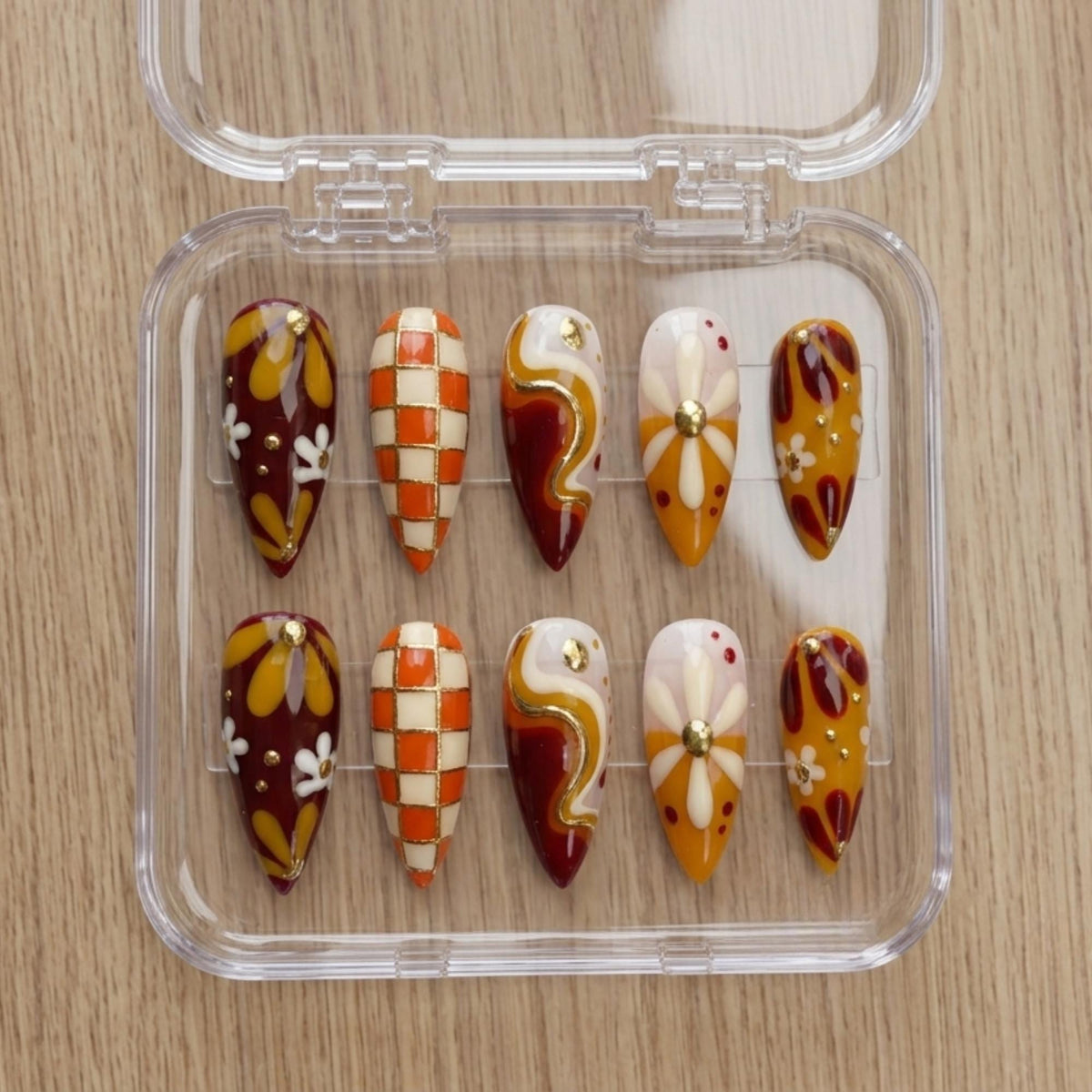 Retro 70s Fall Daisy and Checkerboard Press On Nails in Mustard, Burgundy & Orange