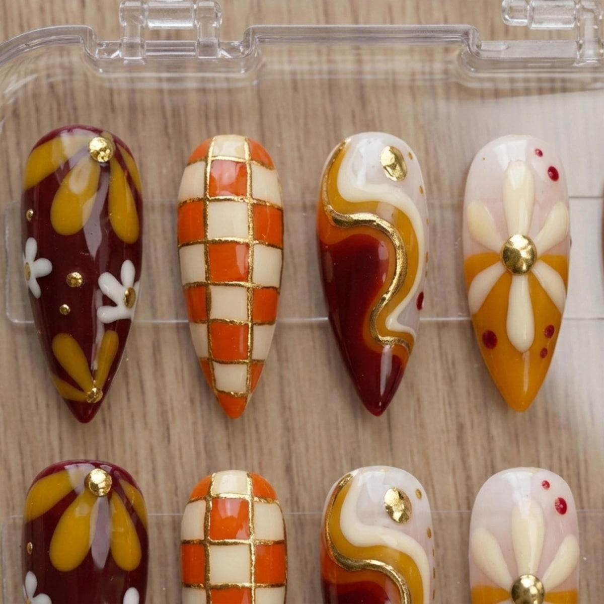 Retro 70s Fall Daisy and Checkerboard Press On Nails in Mustard, Burgundy & Orange