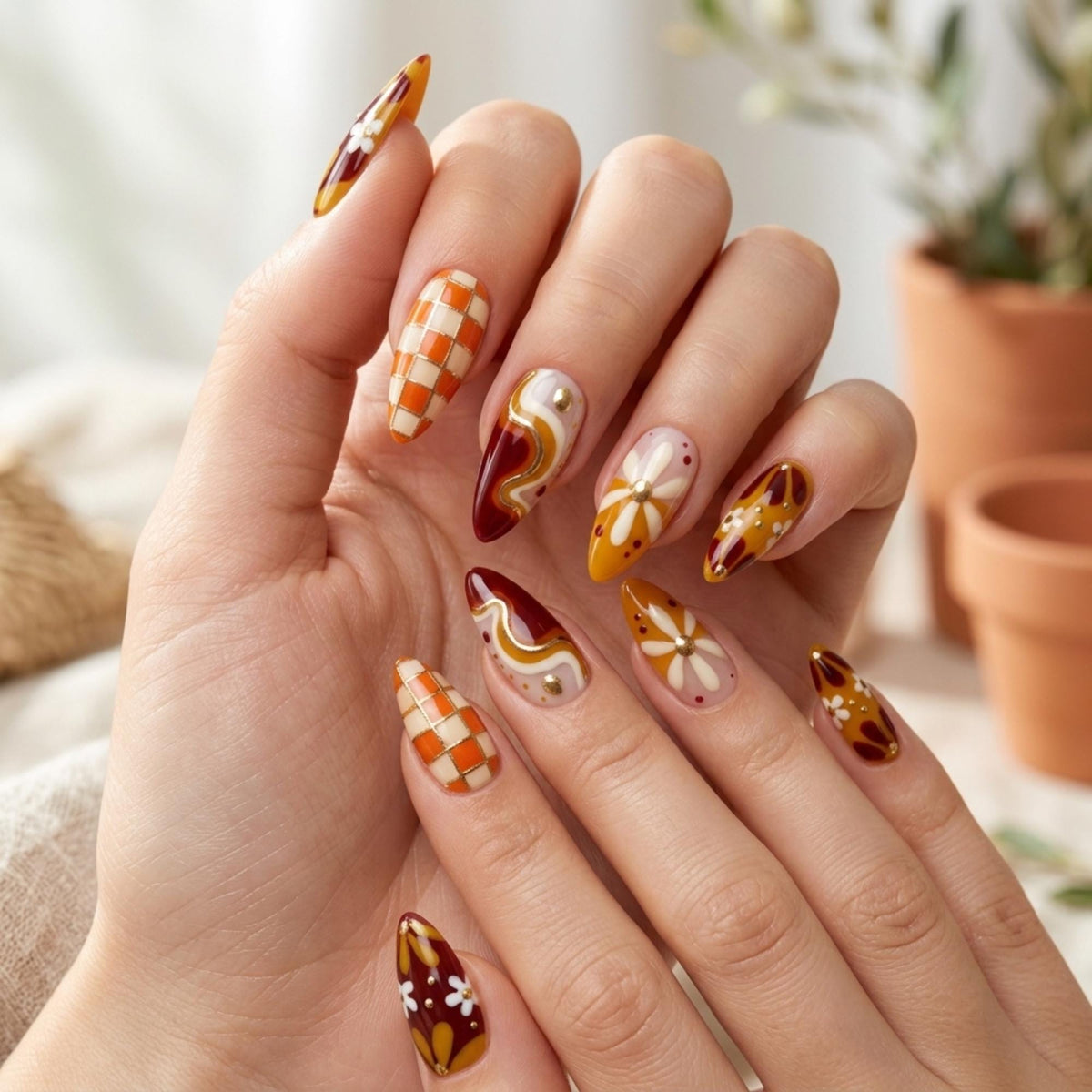 Retro 70s Fall Daisy and Checkerboard Press On Nails in Mustard, Burgundy & Orange