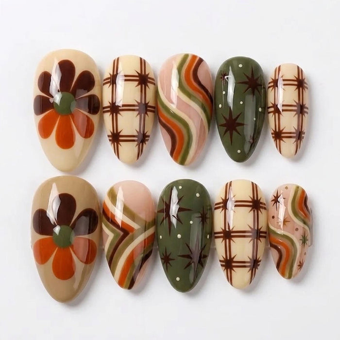 Retro 70s Floral Plaid Press-On Nails in Orange, Olive, and Cream