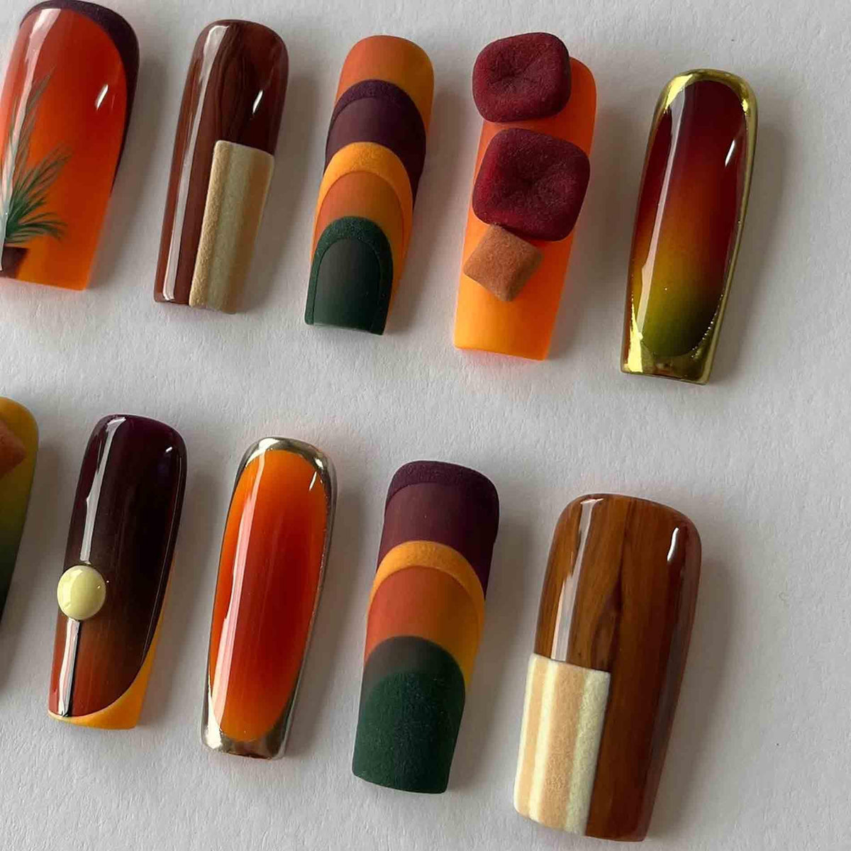 Retro Autumn Geometric Press On Nails With Raised Burgundy and Orange Cubes