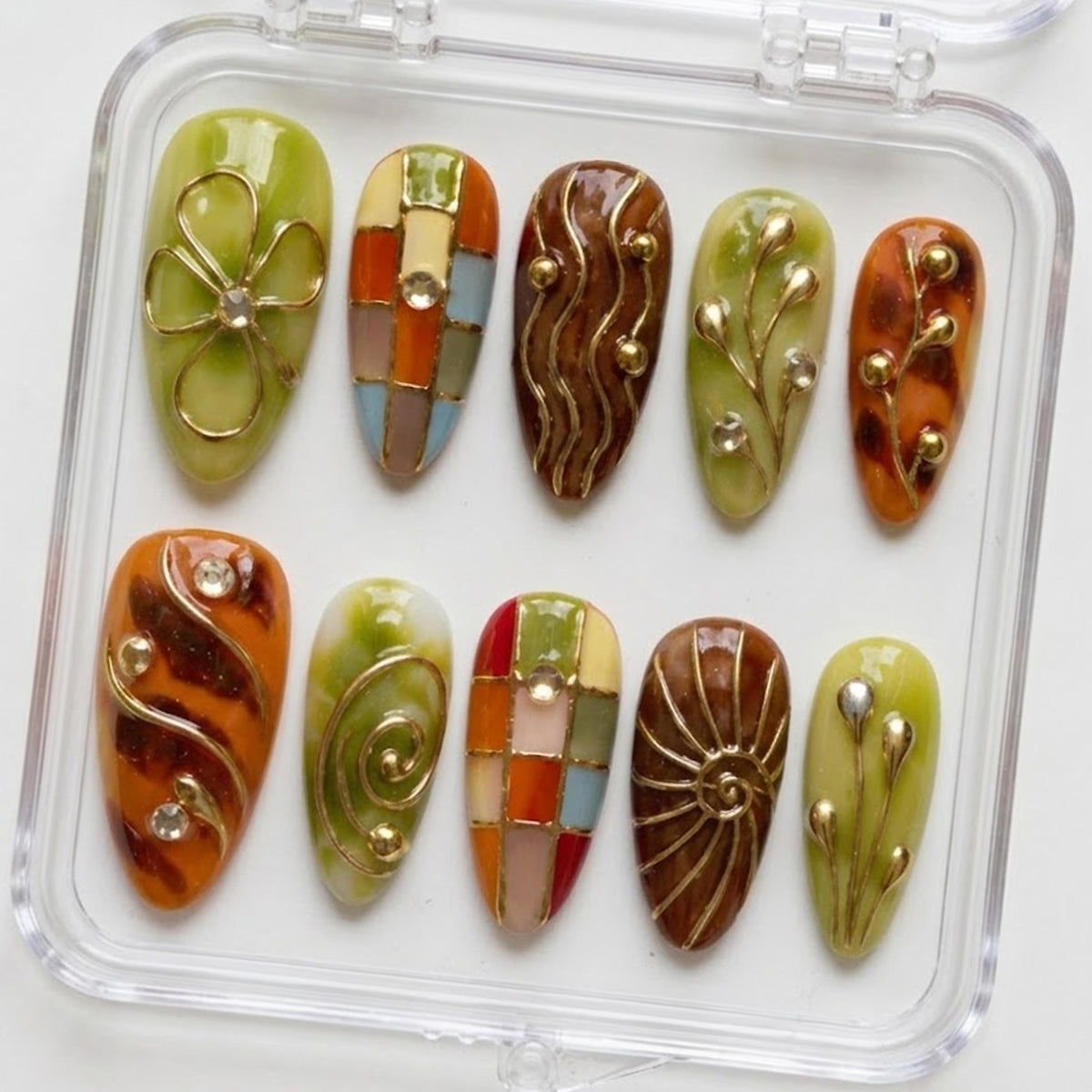 Retro Botanical Press-On Nails With Earthy Colors and Gold Linework