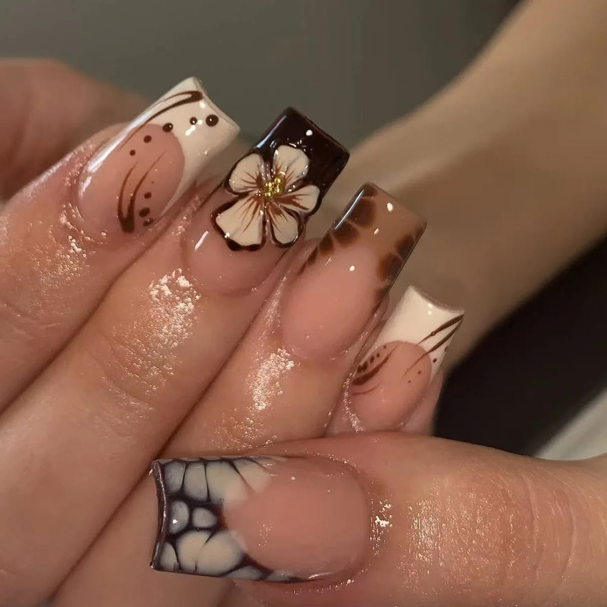 Retro Brown French Tip Nails With 3D White Flower and Blue-Gray Web Detail