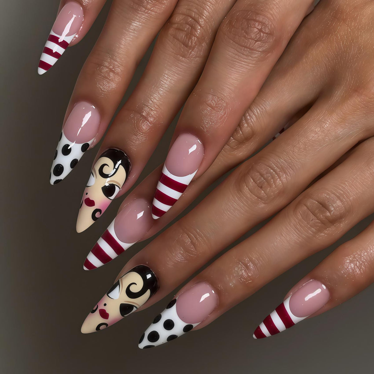 Retro Cartoon Face Nails With Burgundy Stripes and Black Polka Dots