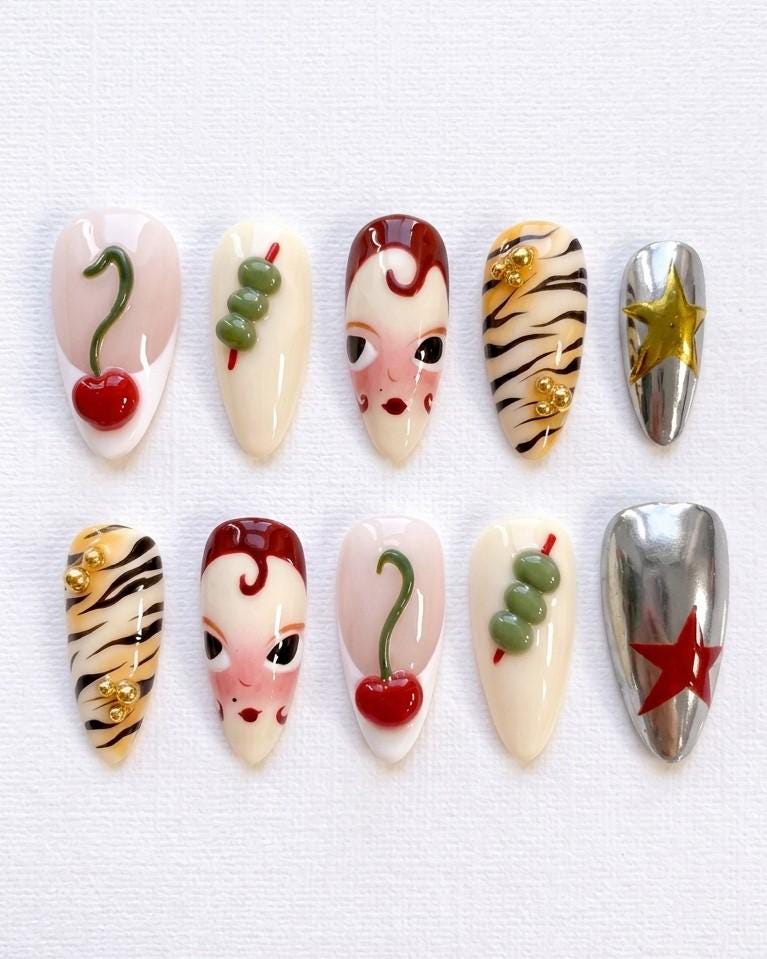 Retro Cherry and Tiger-Stripe Press On Nails with Chrome Stars and Illustrated Faces