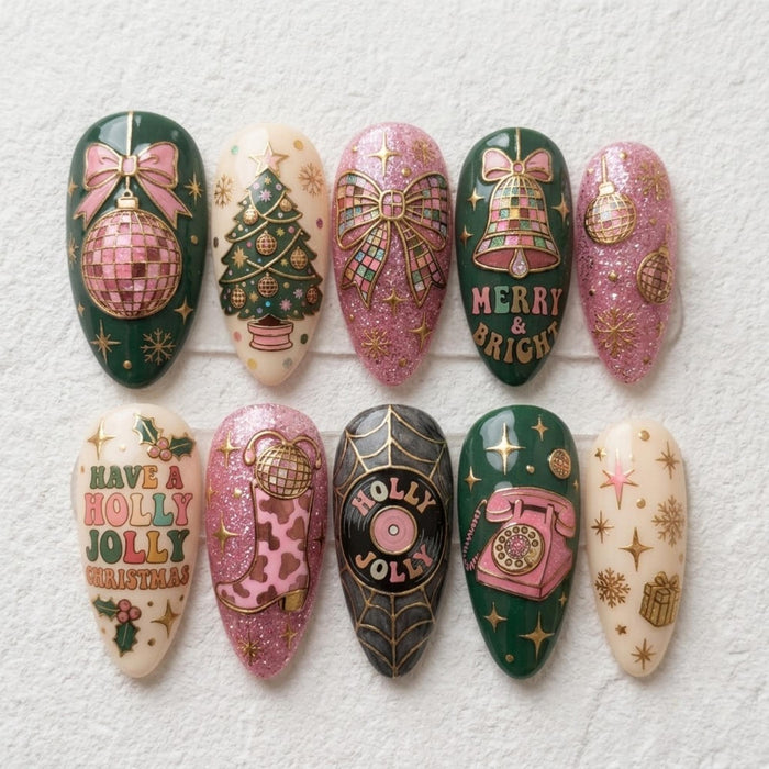 Retro Christmas Press On Nail Set With Pink and Green Ornaments, Bows, and Disco Motifs
