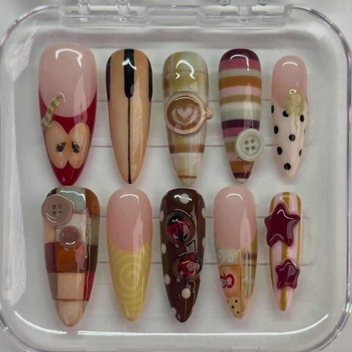 Retro Fall Coffee Cup and Patchwork Apple Press-On Nails
