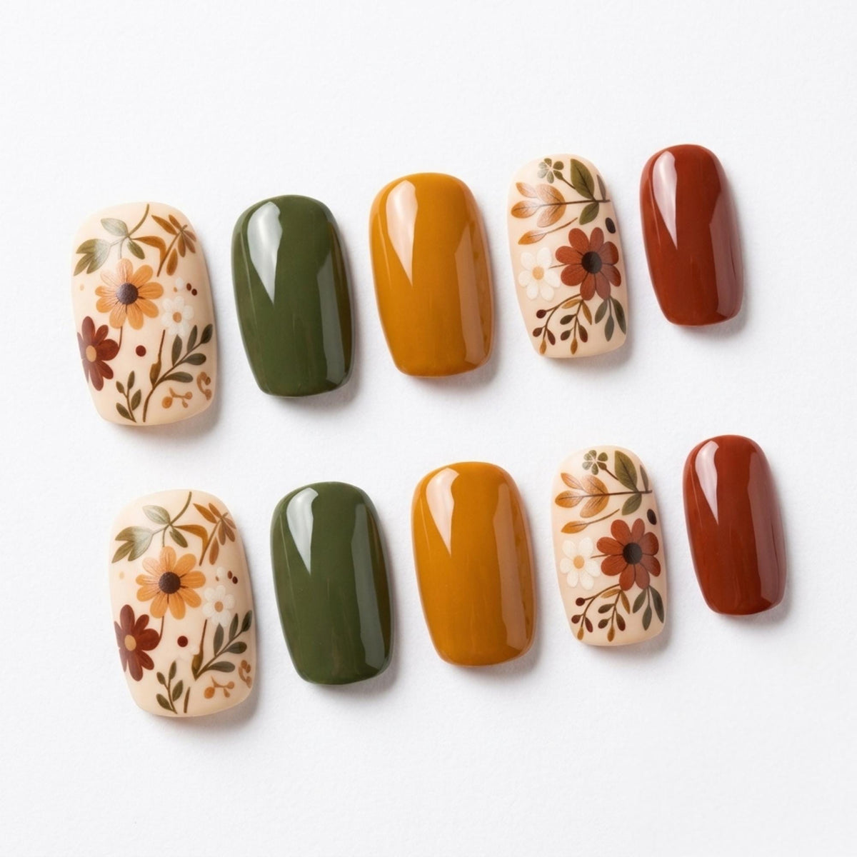 Retro Fall Floral Press-On Nail Set in Earthy Botanical Colors