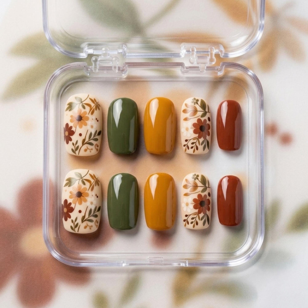 Retro Fall Floral Press-On Nail Set in Earthy Botanical Colors