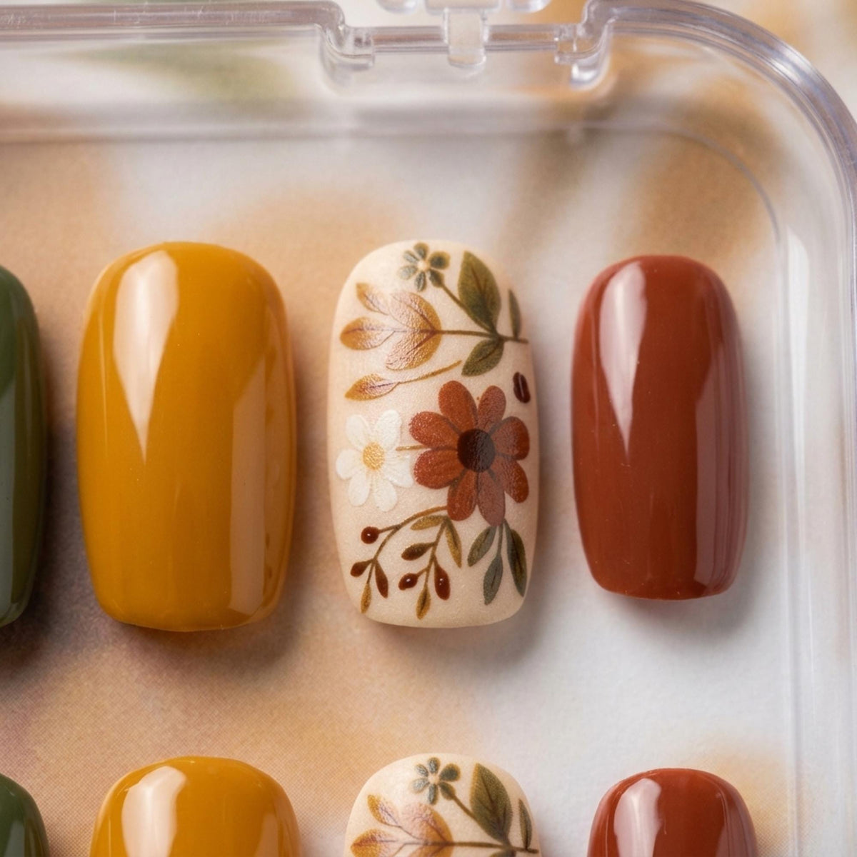 Retro Fall Floral Press-On Nail Set in Earthy Botanical Colors
