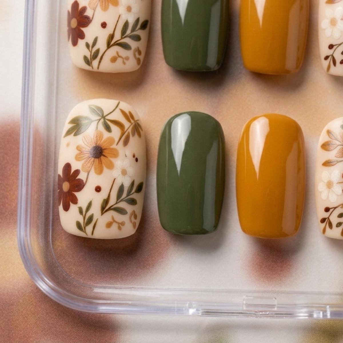 Retro Fall Floral Press-On Nail Set in Earthy Botanical Colors