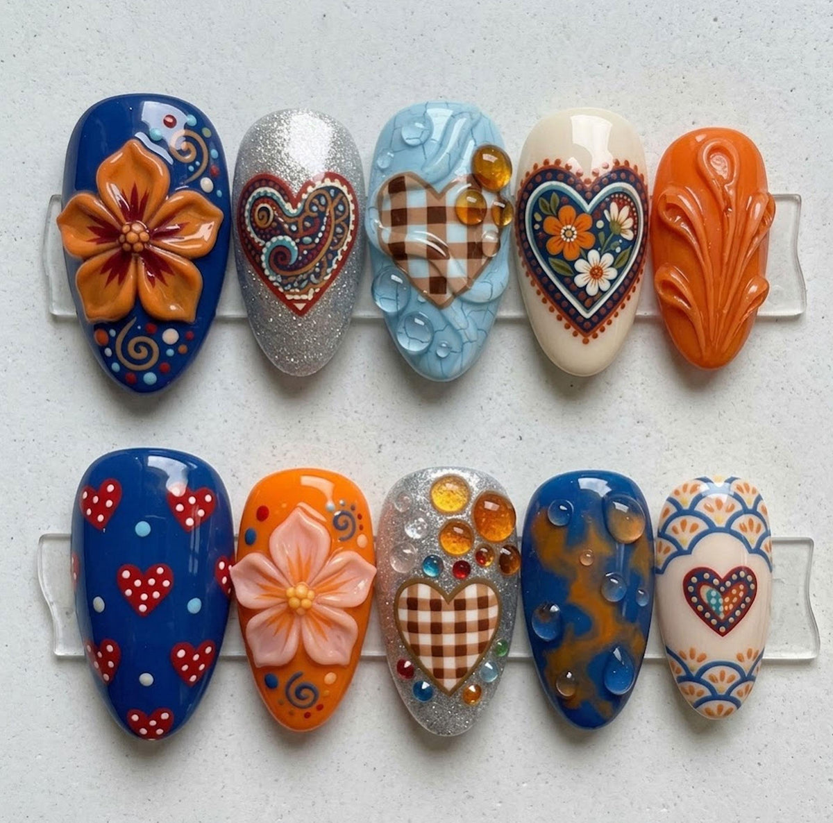 Retro Folk Art Floral Nails with Gingham Hearts, 3D Flowers and Silver Glitter