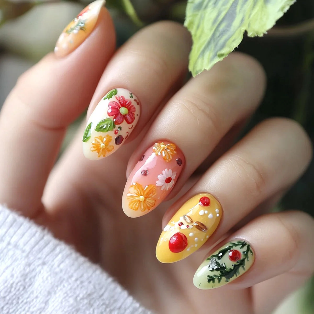 Retro Fruit and Flower Nail Set With Raised Floral Details