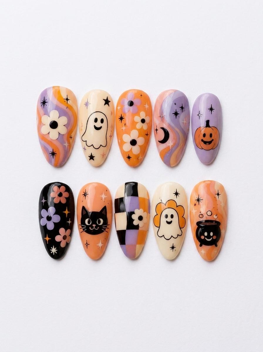 Retro Halloween Press-On Nails with Ghosts, Pumpkins, Cats, and Checkerboard