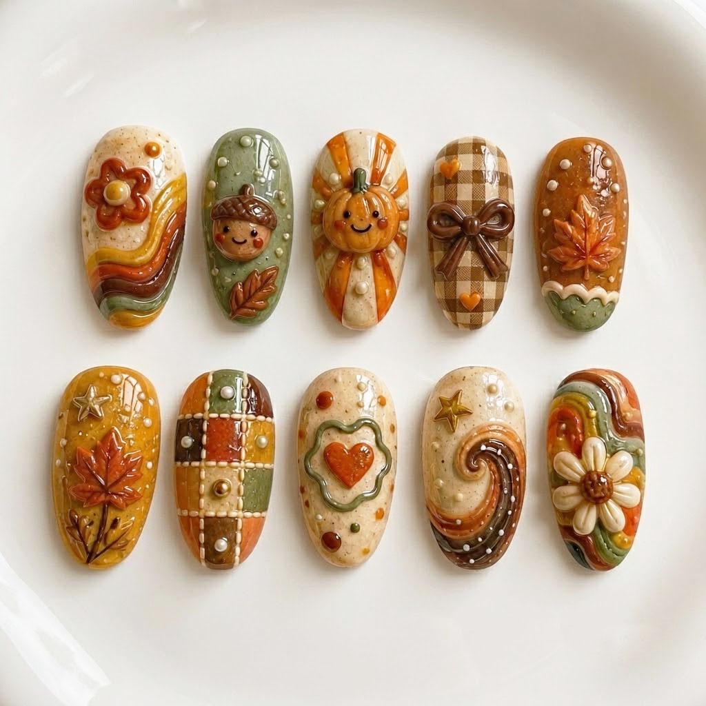 Retro Harvest Press On Nails With Pumpkins, Plaid, Leaves and 3D Flowers