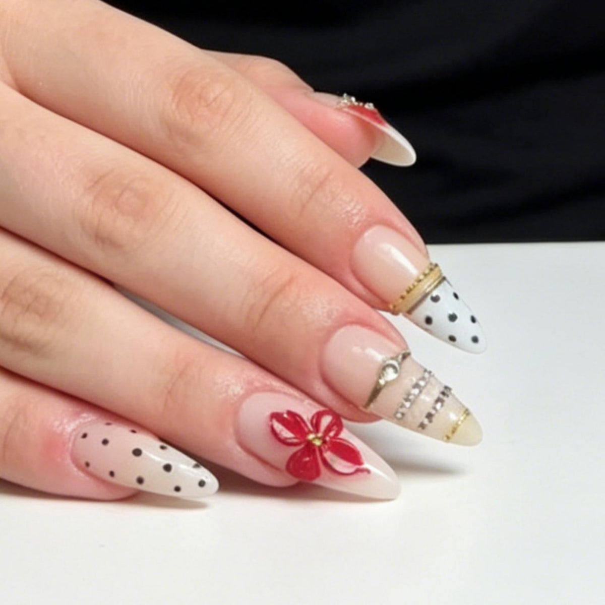 Retro Nude French Tip Press On Nails With Black Polka Dots, Red Flower & Gold Accents