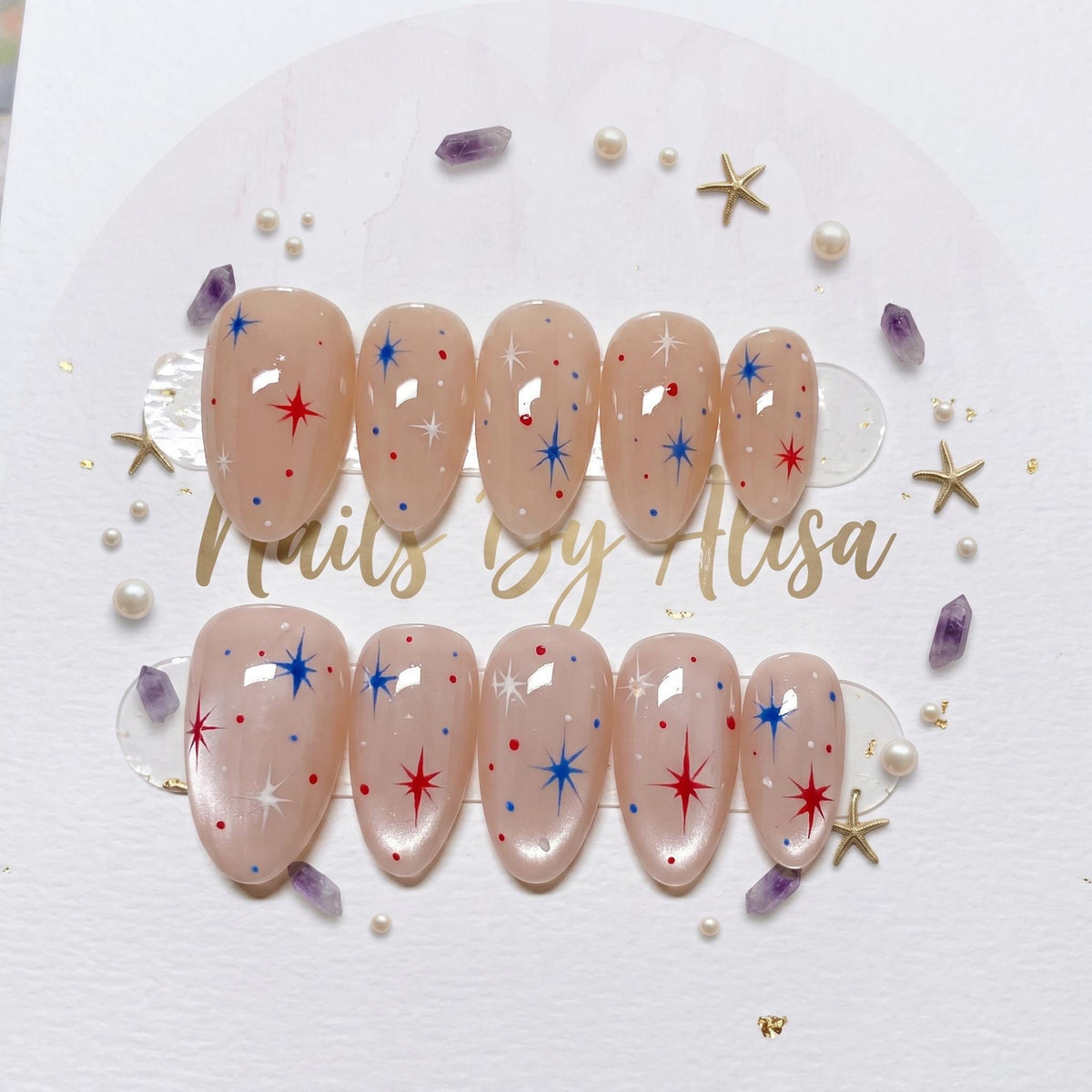 Retro Patriotic Red, Blue, and White Starburst Press-On Nails