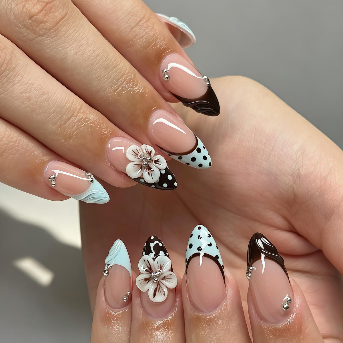 Retro Polka Dot French Tip Press-On Nails with 3D White Flowers and Silver Beads