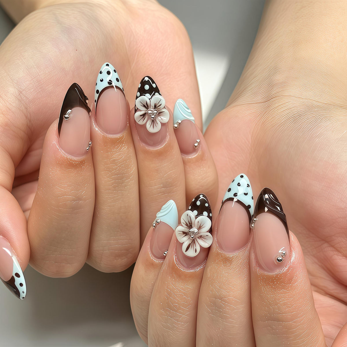 Retro Polka Dot French Tip Press-On Nails with 3D White Flowers and Silver Beads