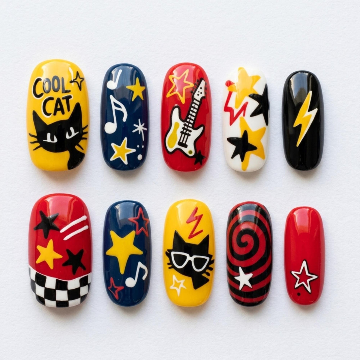 Retro Rock and Roll Pop Art Nails With Guitars, Stars and Checkerboard