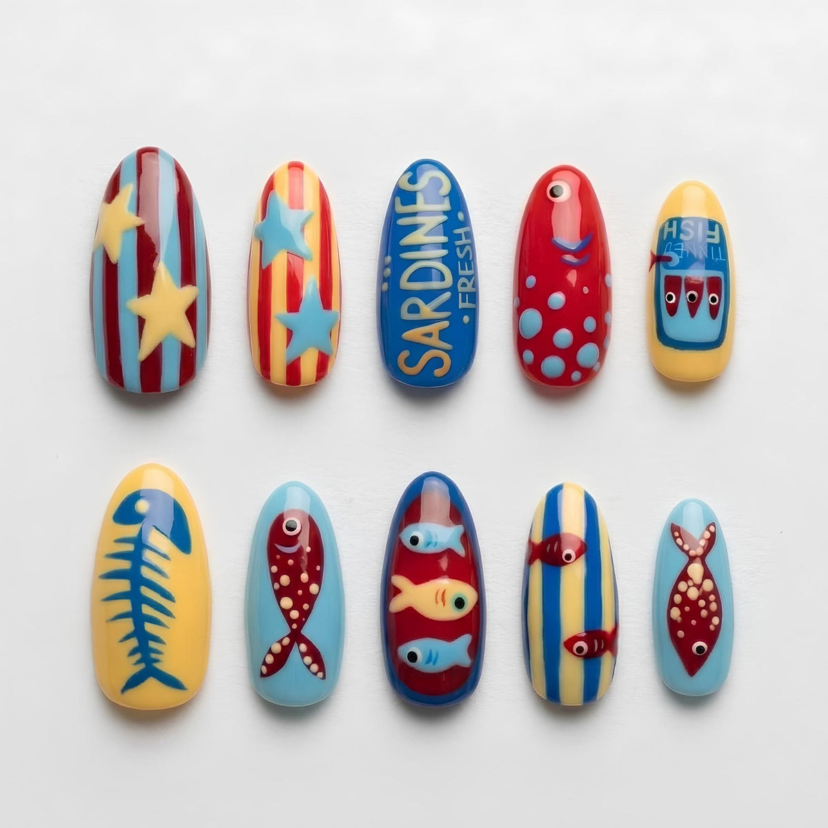 Retro Sardine Tin Nails With Stripes, Stars and Raised Fish Details