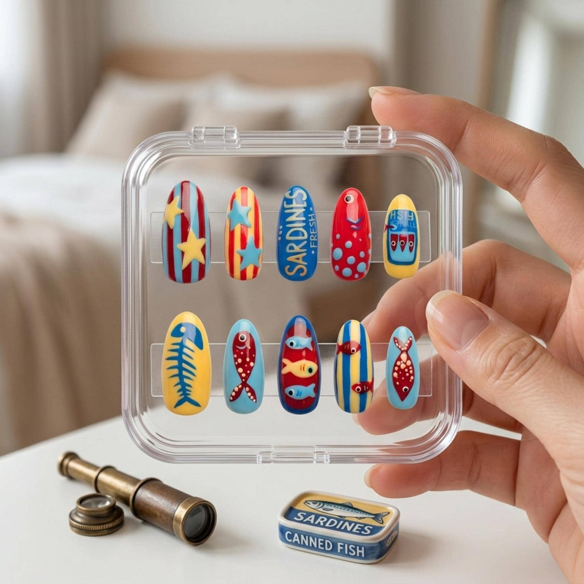Retro Sardine Tin Nails With Stripes, Stars and Raised Fish Details