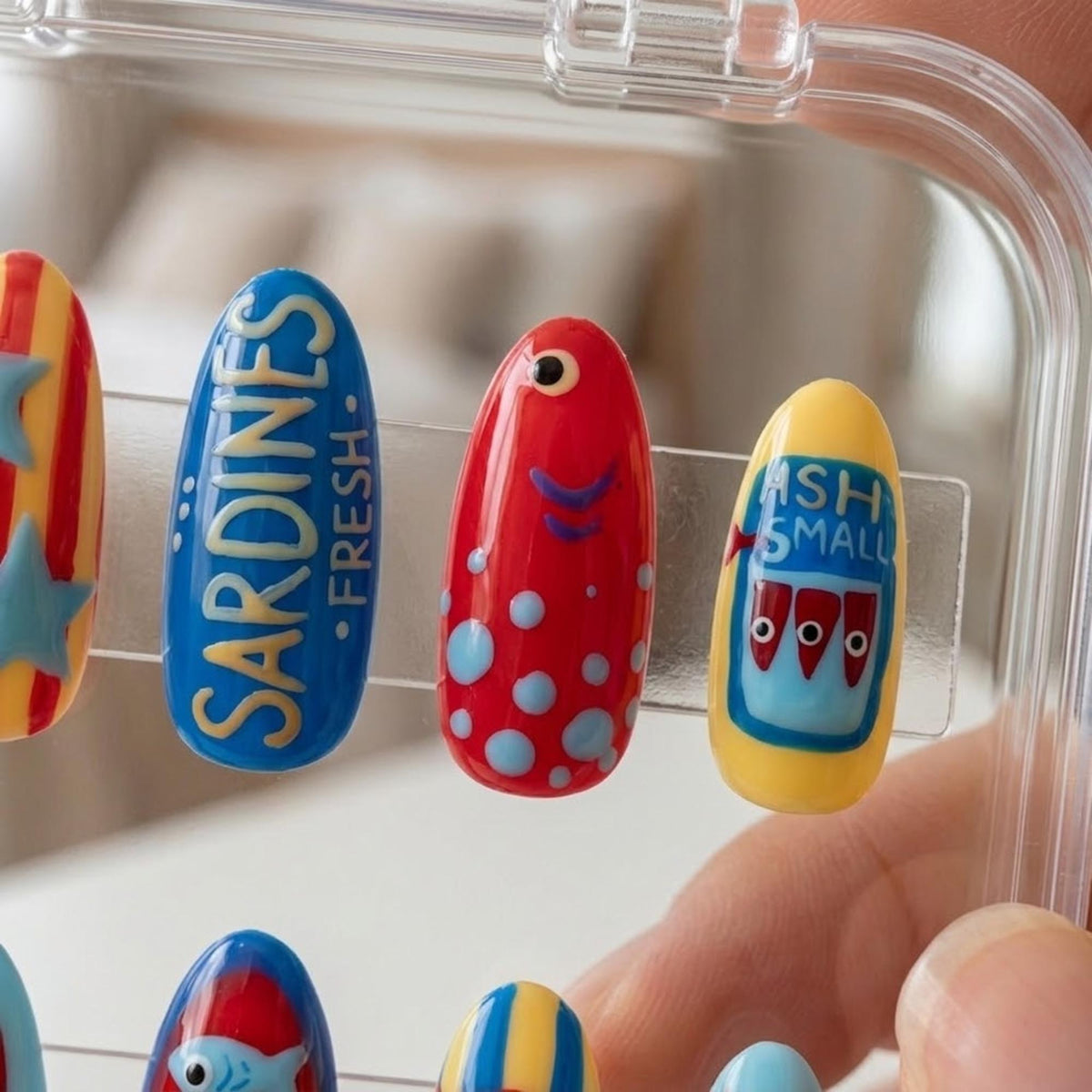 Retro Sardine Tin Nails With Stripes, Stars and Raised Fish Details