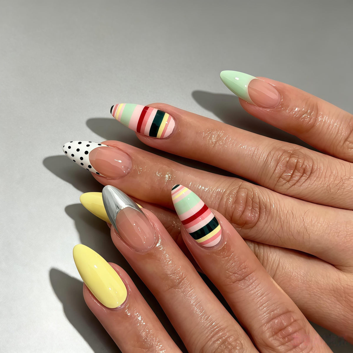 Retro Stripe and Polka Dot Press-On Nail Set with Mint and Silver French Tips