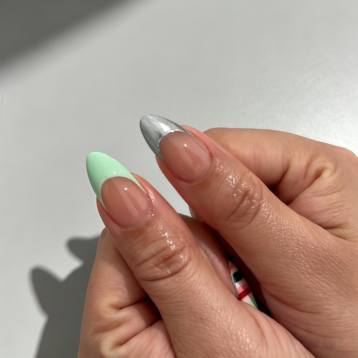 Retro Stripe and Polka Dot Press-On Nail Set with Mint and Silver French Tips