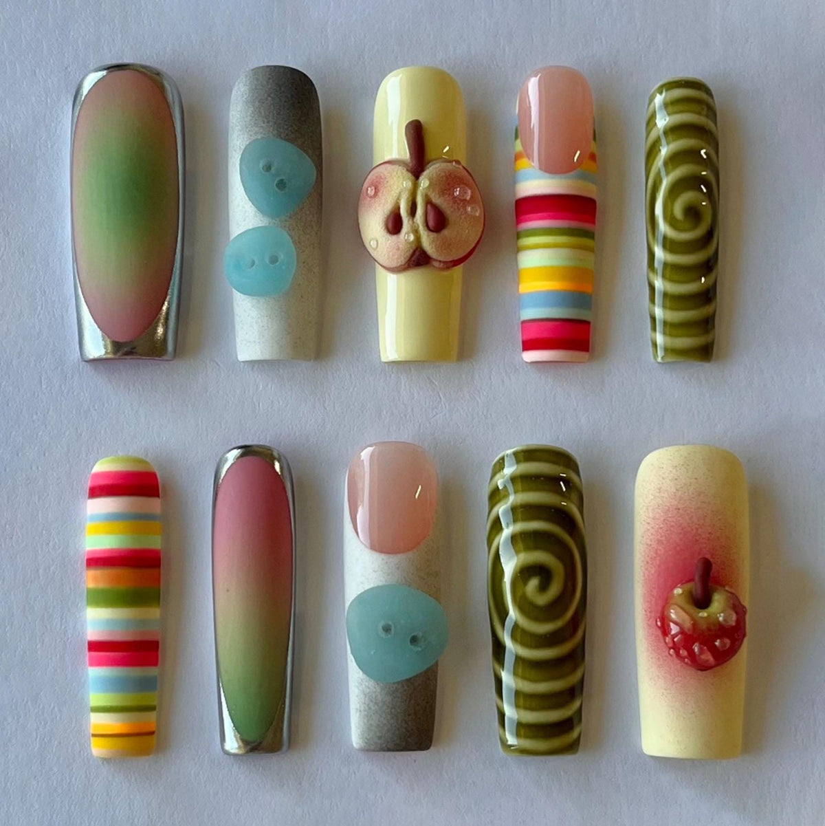 Retro Y2K Apple Nail Set with Colorful Stripes, Green Swirls and Chrome