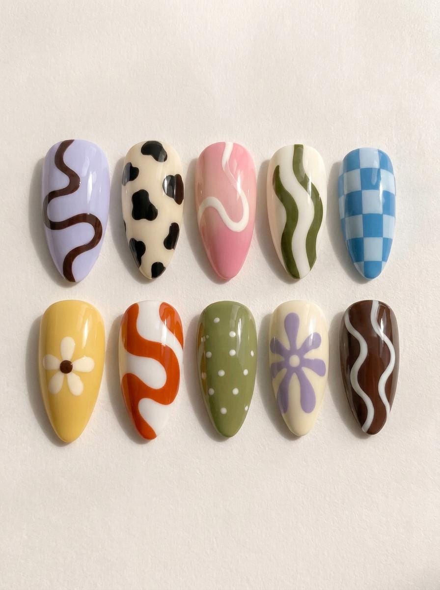 Retro Y2K Press On Nails with Pastel Waves, Cow Spots, Daisies and Checkerboard