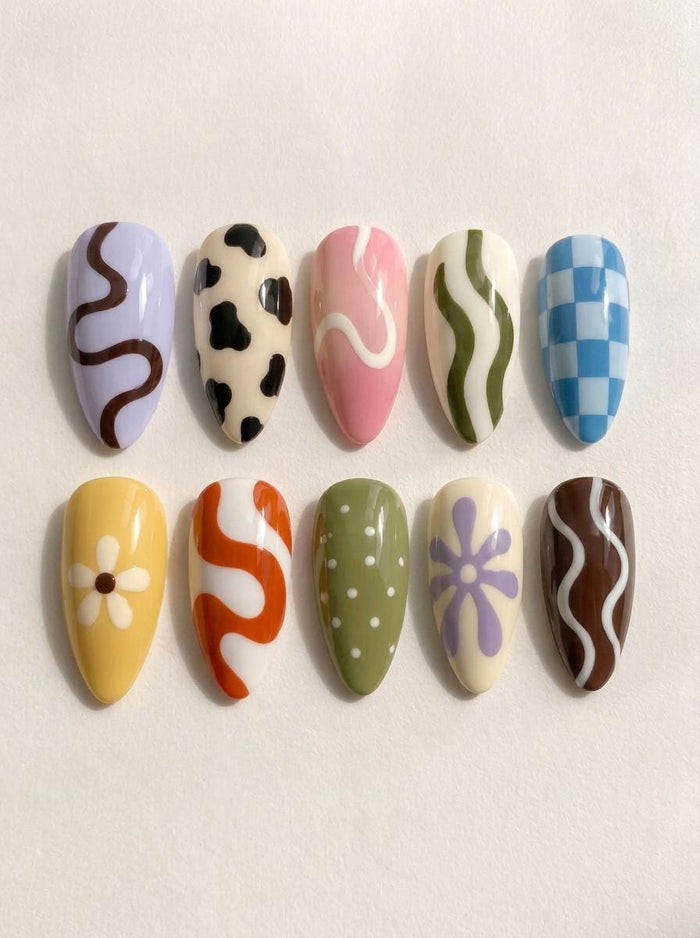 Retro Y2K Press On Nails with Pastel Waves, Cow Spots, Daisies and Checkerboard