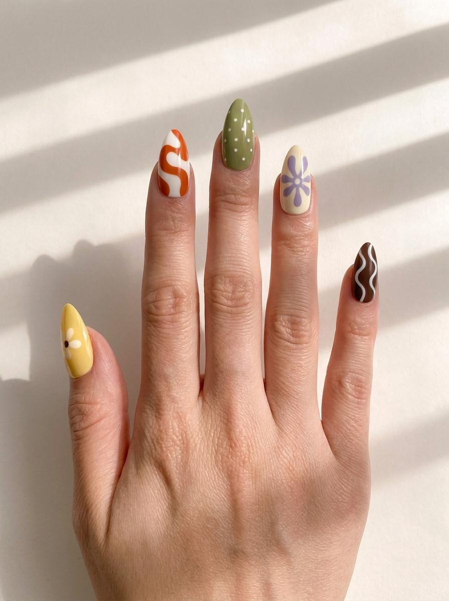 Retro Y2K Press On Nails with Pastel Waves, Cow Spots, Daisies and Checkerboard