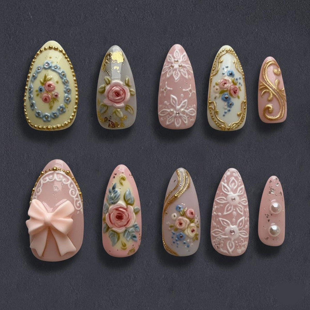 Rococo Floral Press-On Nails With 3D Roses, Bows, Lace & Gold Details
