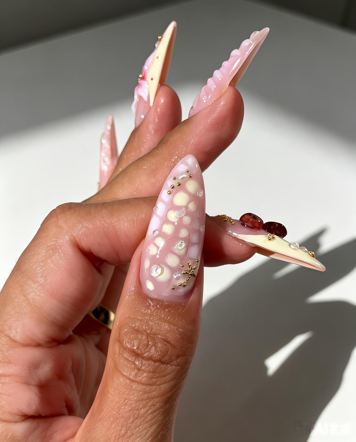 Romantic Ocean-Inspired Pink Nails with 3D Flowers, Shell Details and Gold Charms