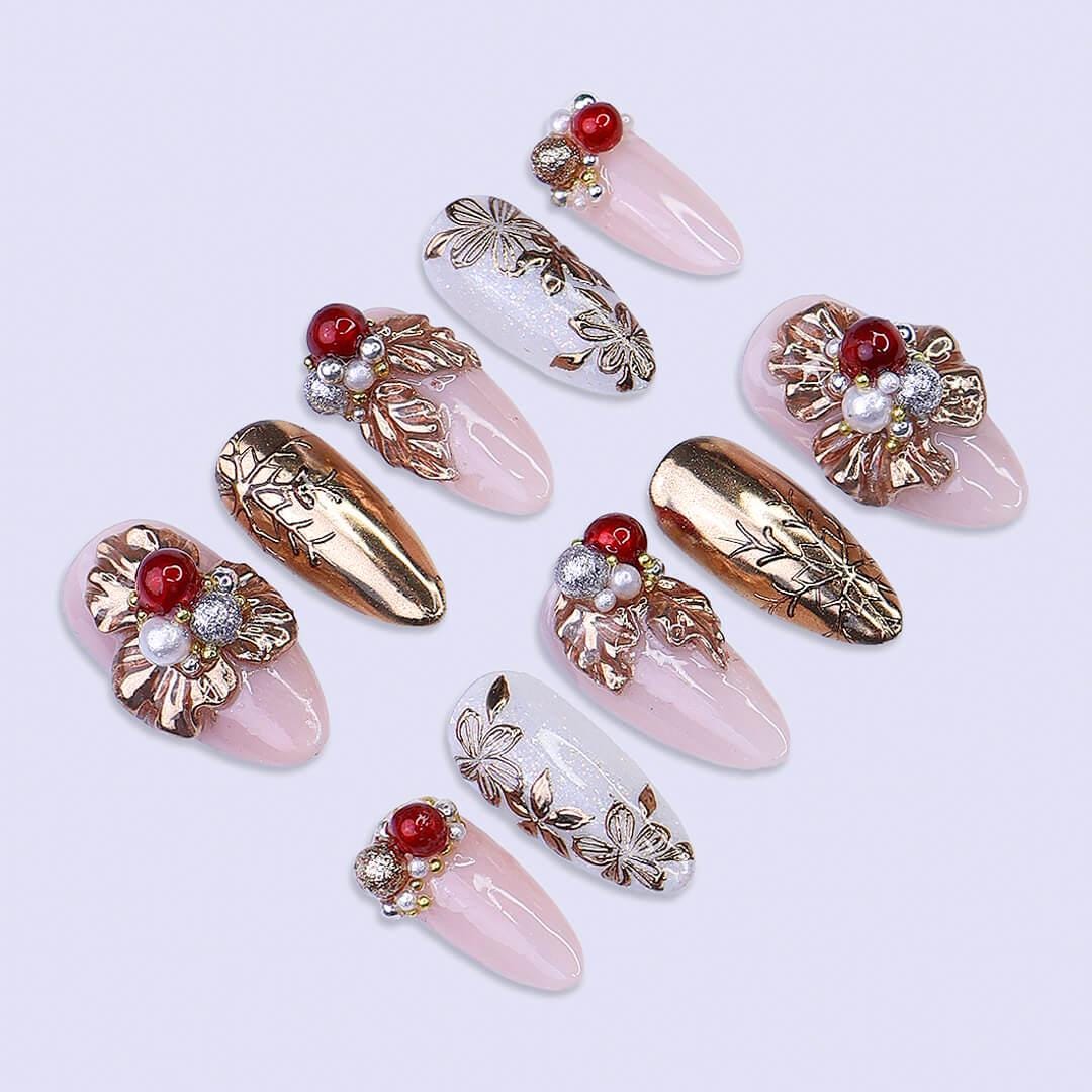 Rose Gold Floral and Pearl Christmas Press On Nails