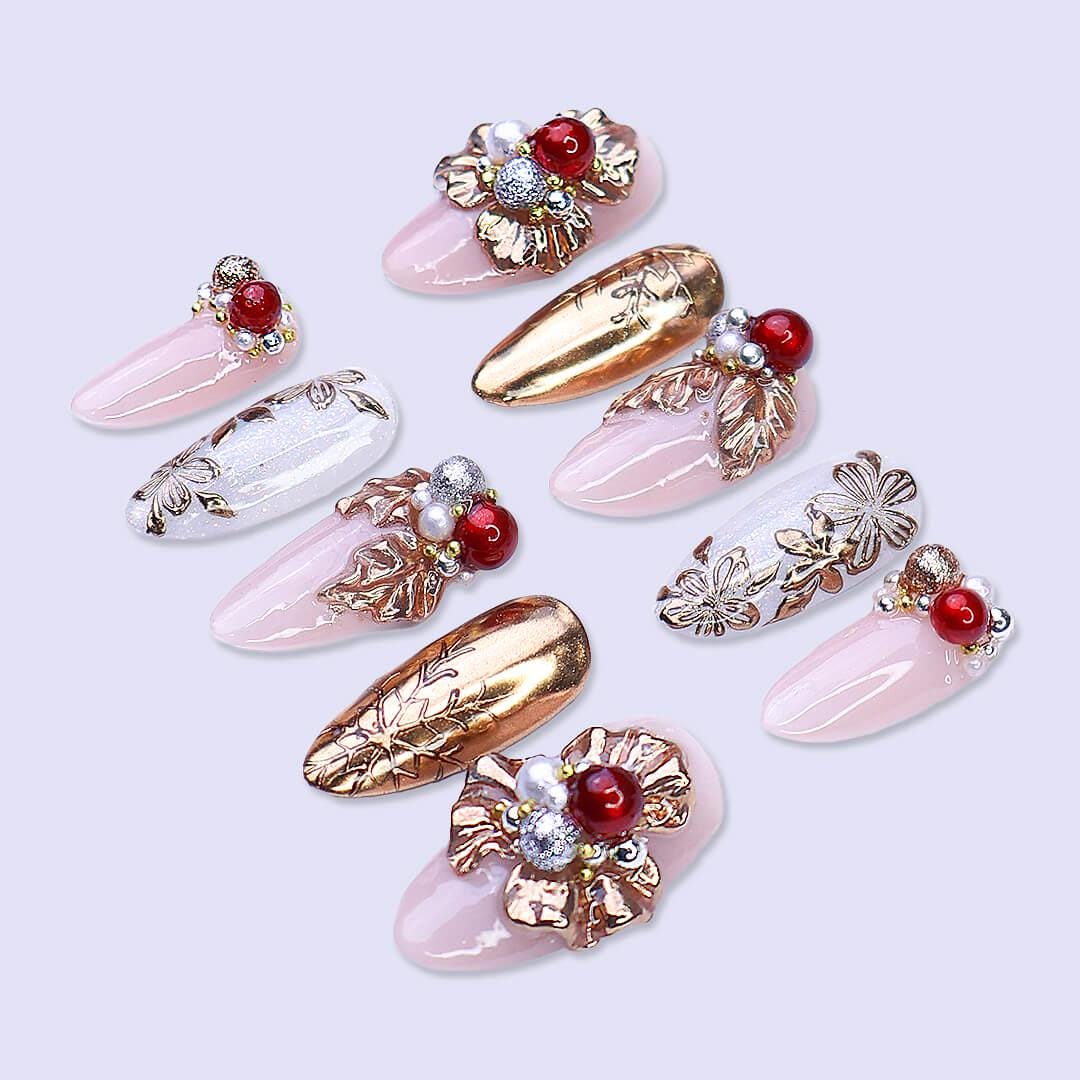 Rose Gold Floral and Pearl Christmas Press On Nails