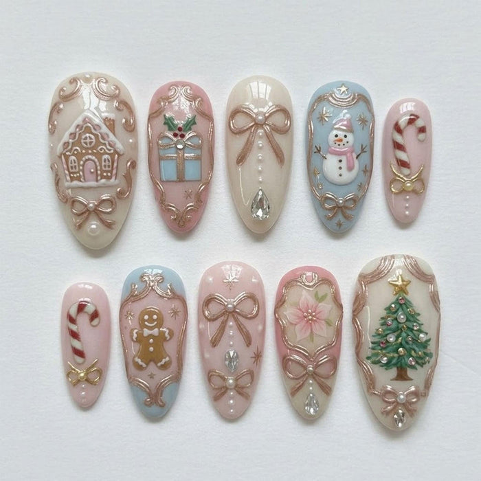 Rose Gold Gingerbread Christmas Press On Nails With Raised Bows and Holiday Details