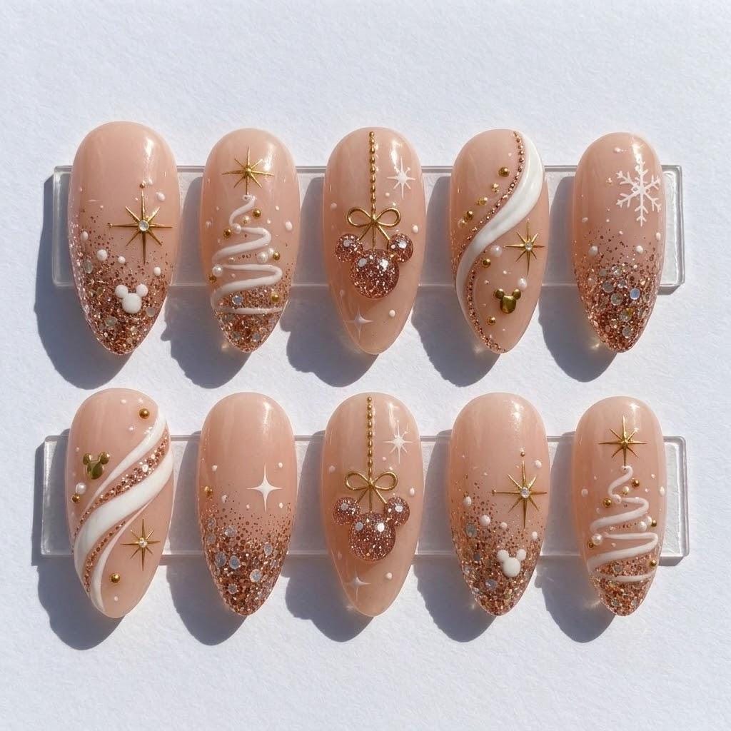 Rose Gold Glitter Christmas Nails With Snowflakes, Bows and Mouse-Ear Accents