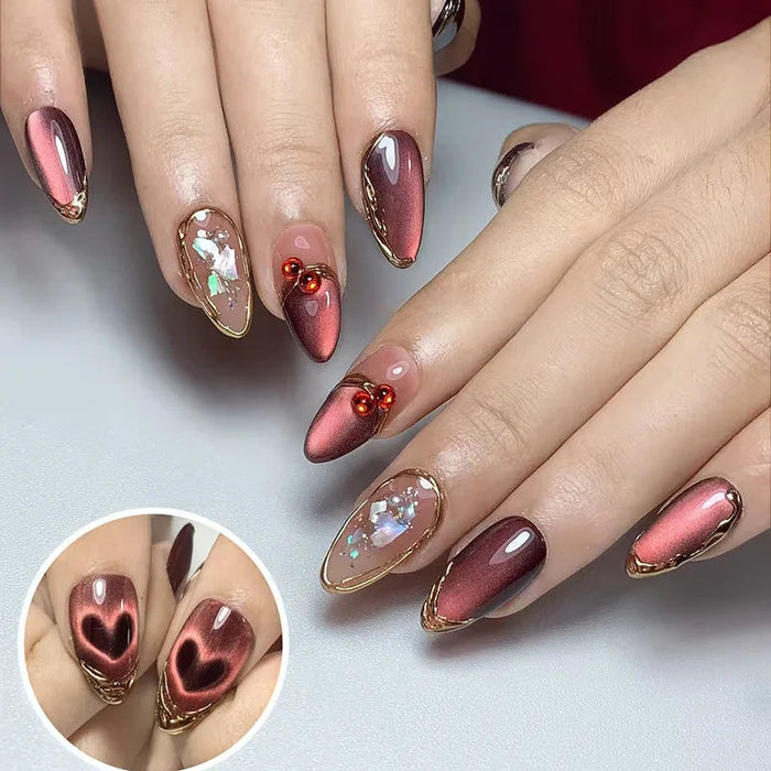 Rose Pink and Burgundy Cat-Eye Press On Nails with Gold Tips and Floral Charms