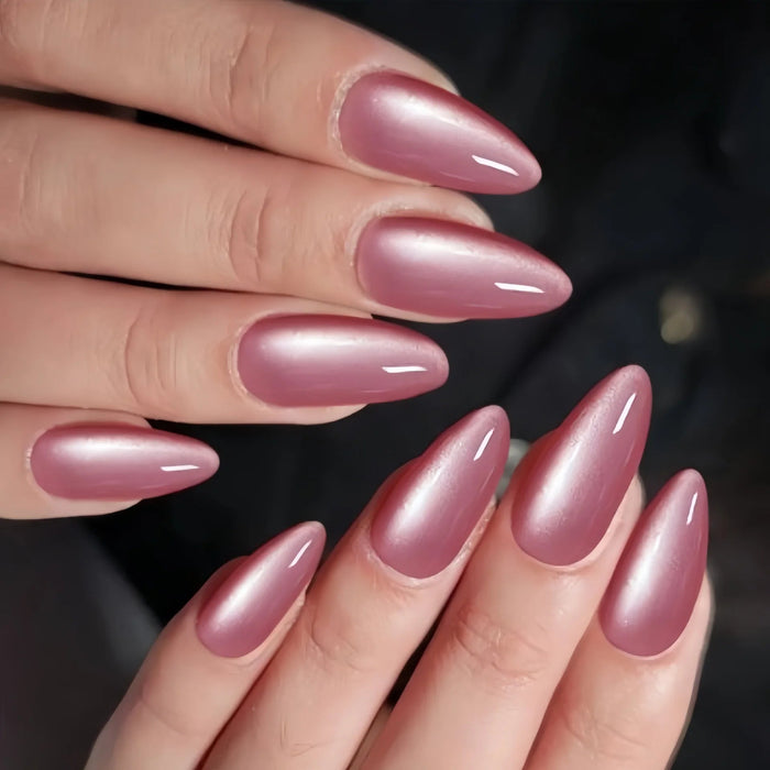 Rose Pink Cat Eye Chrome Press On Nails