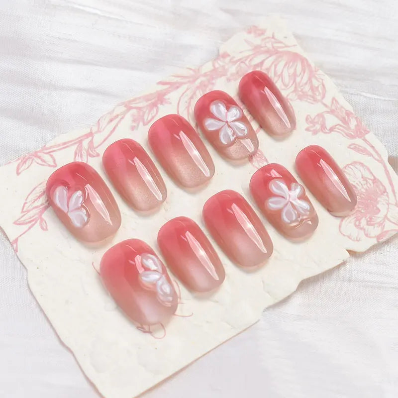 Rose Pink Cat-Eye Nails With Raised White 3D Flowers