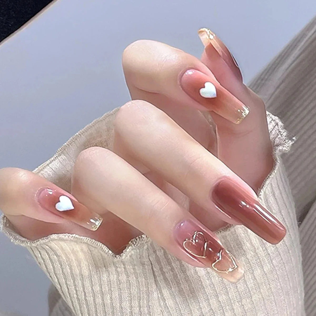 Rosy Mauve Jelly Heart Press On Nails with Glossy Tips