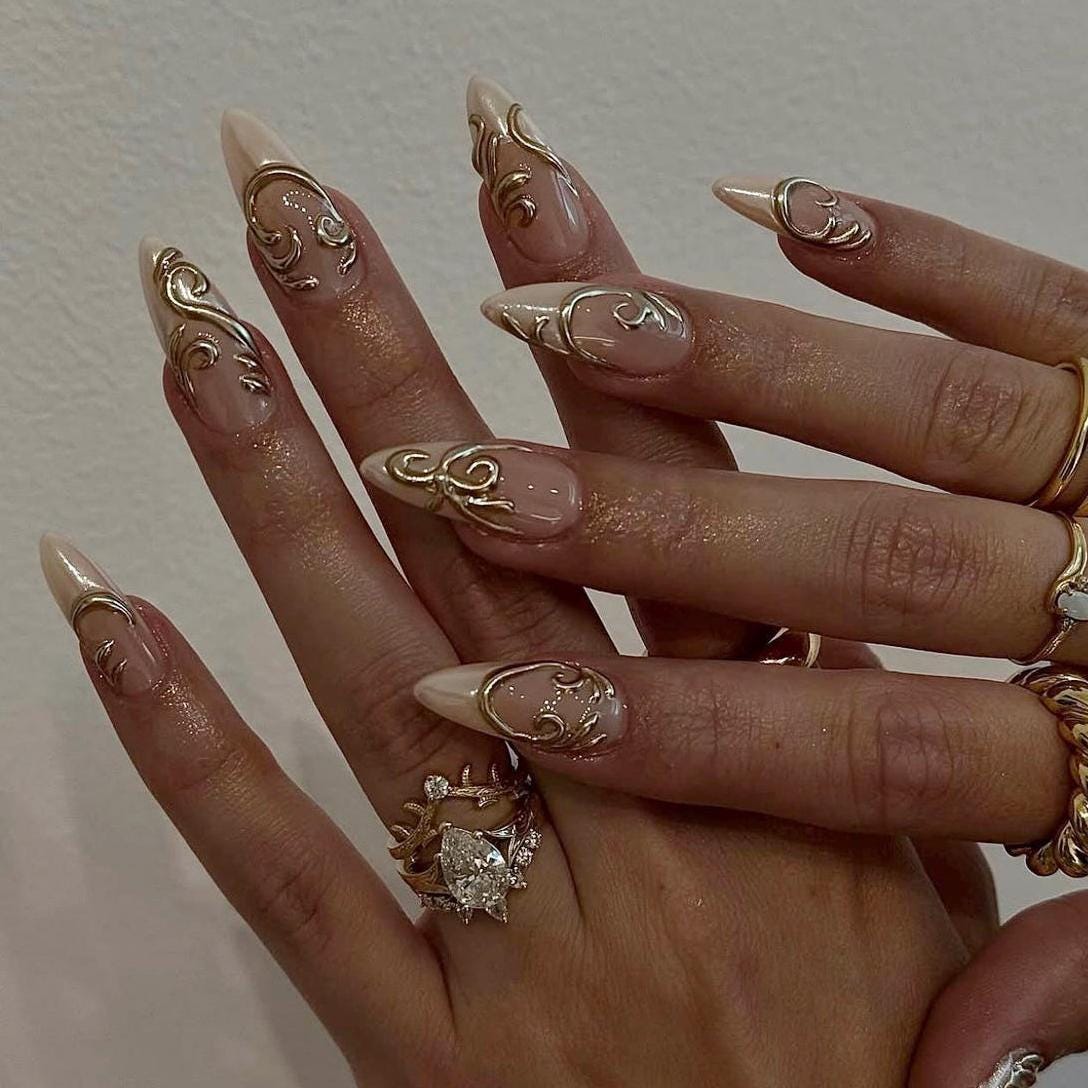 Rosy Nude French Tip Nails With Raised Gold Filigree