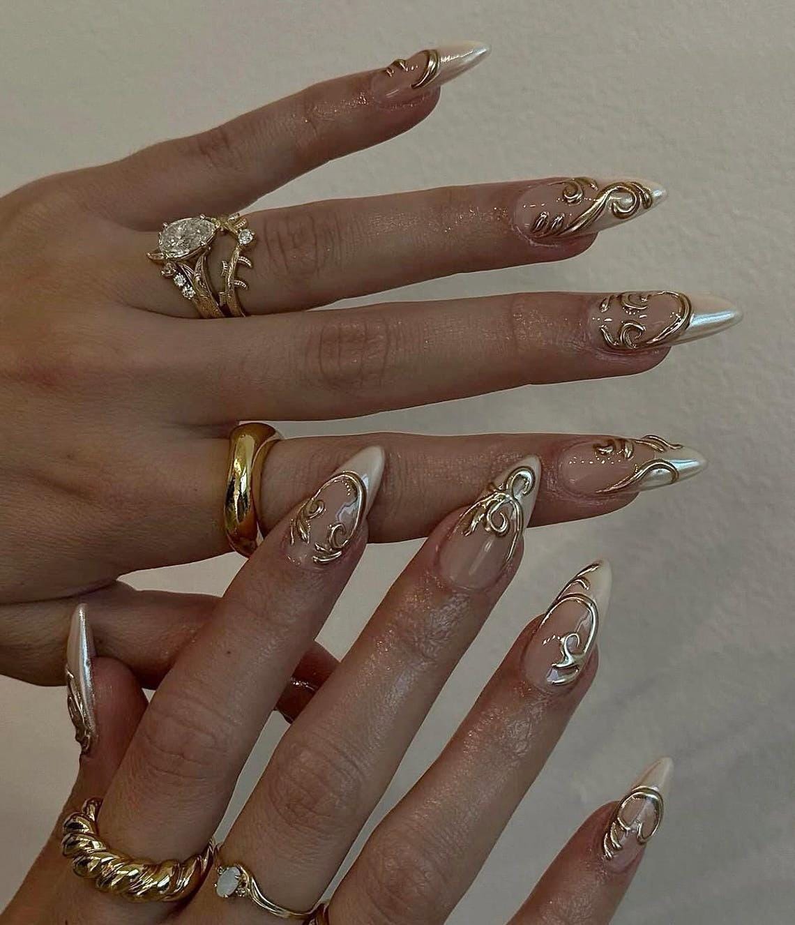 Rosy Nude French Tip Nails With Raised Gold Filigree