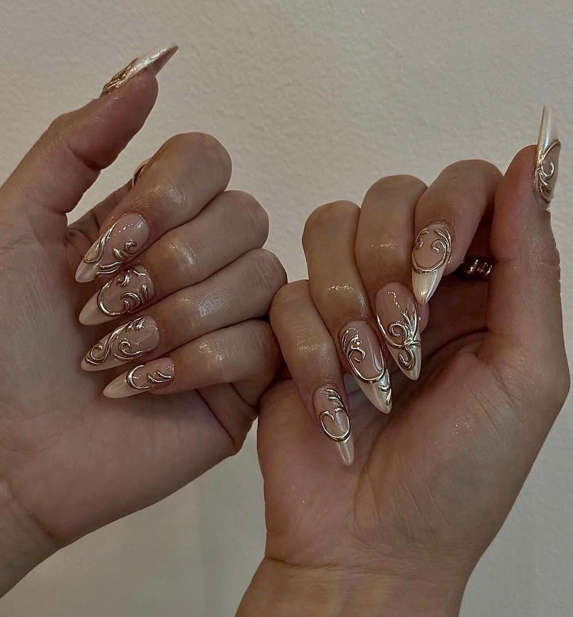 Rosy Nude French Tip Nails With Raised Gold Filigree