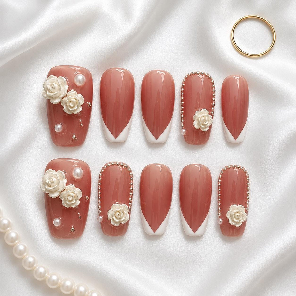 Rosy Nude Pink French Tip Press-On Nails With 3D White Roses for Weddings and Parties