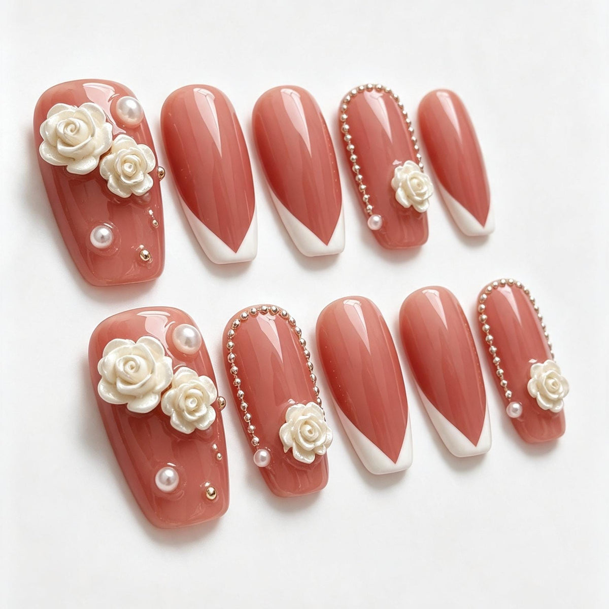 Rosy Nude Pink French Tip Press-On Nails With 3D White Roses for Weddings and Parties