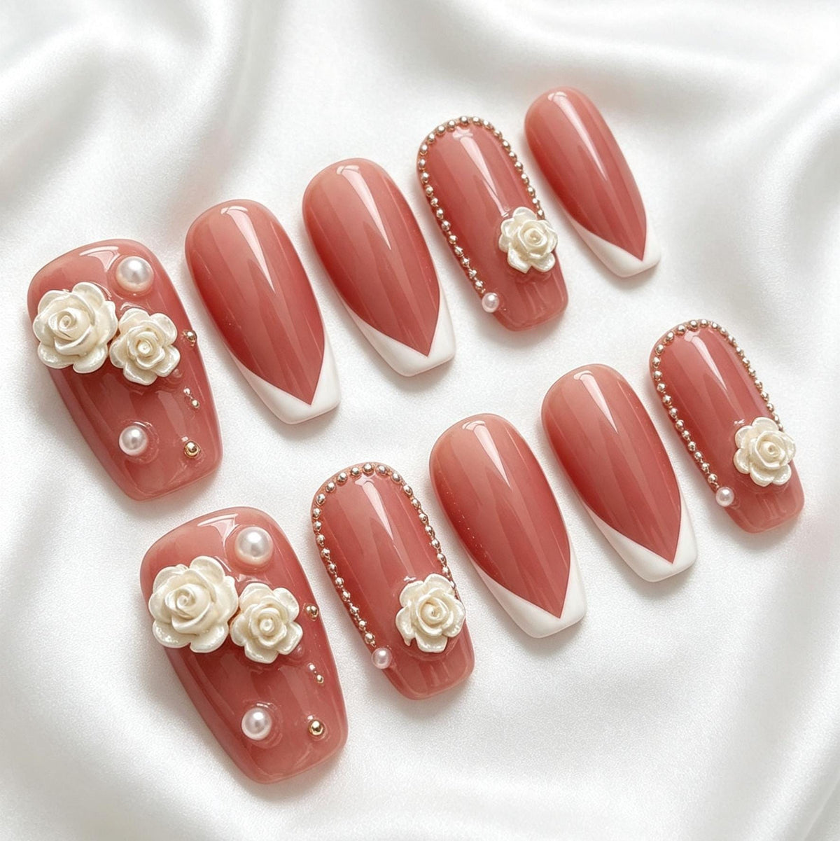Rosy Nude Pink French Tip Press-On Nails With 3D White Roses for Weddings and Parties