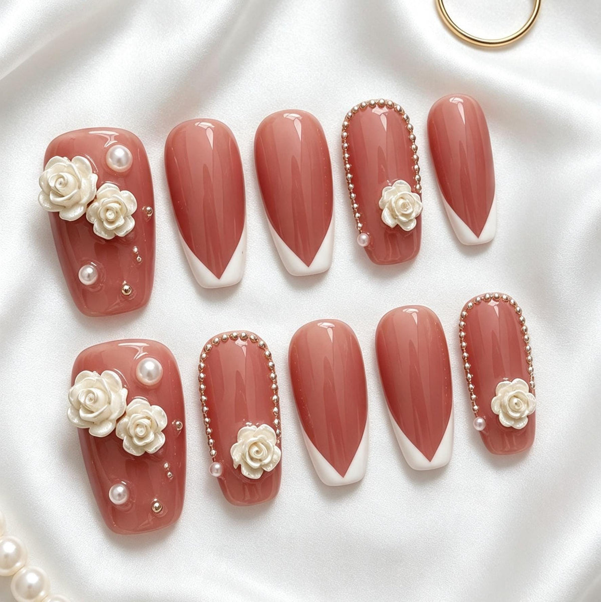 Rosy Nude Pink French Tip Press-On Nails With 3D White Roses for Weddings and Parties